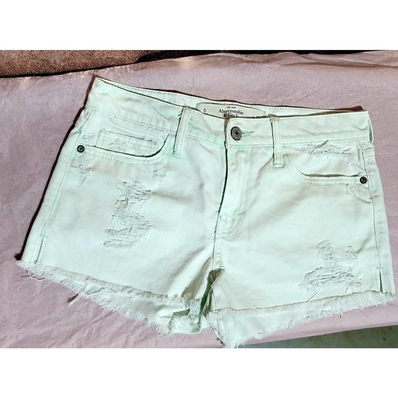 Abercrombie and Fitch Destroyed Cut Off Jean Shorts. Size 0 25. Green Tint White - Picture 1 of 5